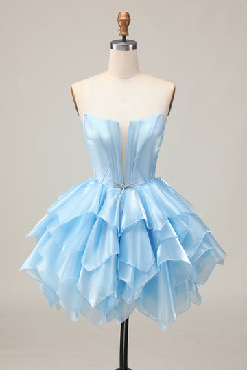 Blue Tiered Corset A Line Strapless Homecoming Dress with Lace Up Back